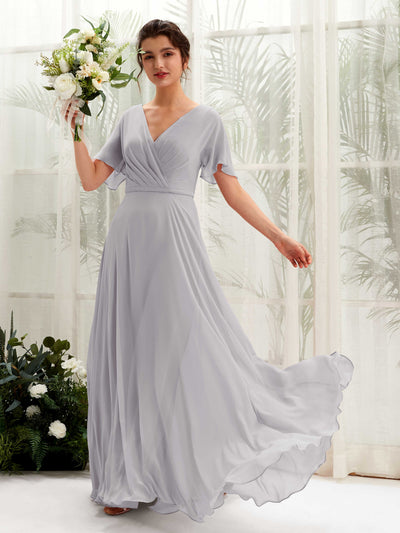 Carlyna Daphne A-Line Dove Bridesmaid Dress Maxi Short Sleeve V-Neck Dress Front View #color_dove