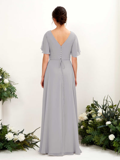 Carlyna Daphne A-Line Dove Bridesmaid Dress Maxi Short Sleeve V-Neck Dress Back View #color_dove