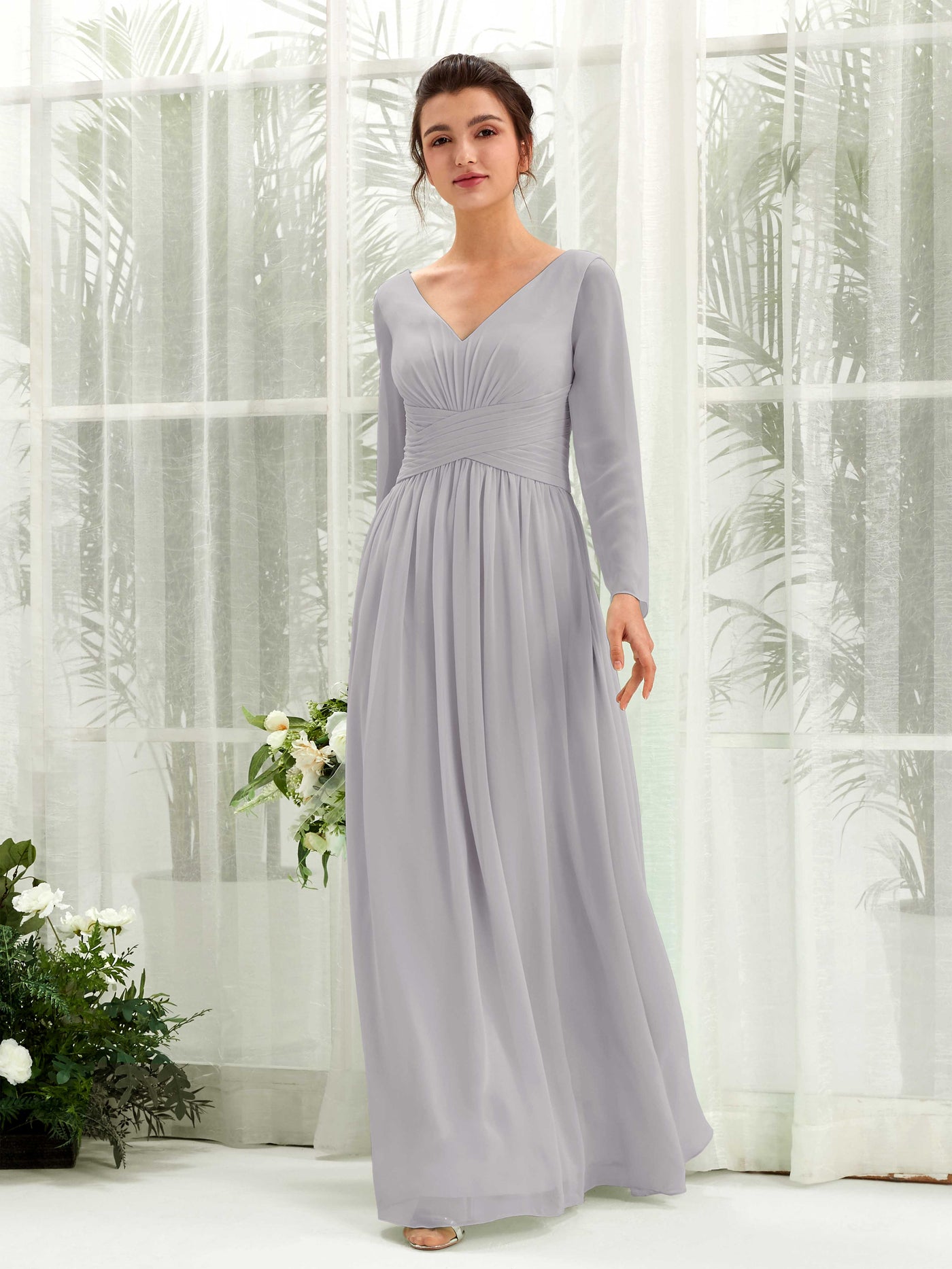 Ball Gown V-neck Long Sleeves Chiffon Bridesmaid Dress - Dove (81220325)#color_dove
