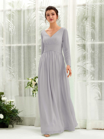 Carlyna Coline A-Line Dove Bridesmaid Dress Maxi Long Sleeve V-Neck Front View #color_dove