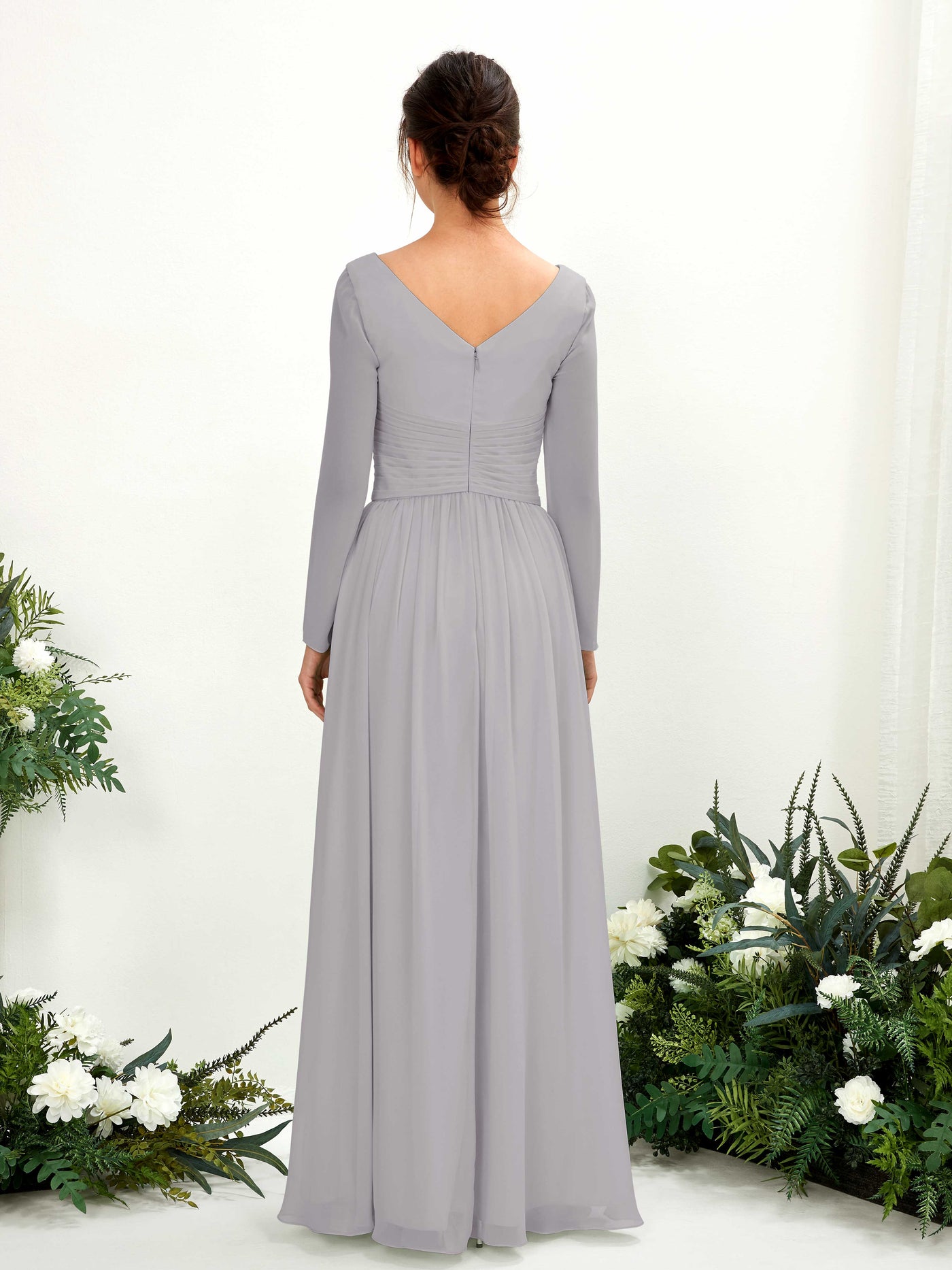 Ball Gown V-neck Long Sleeves Chiffon Bridesmaid Dress - Dove (81220325)#color_dove
