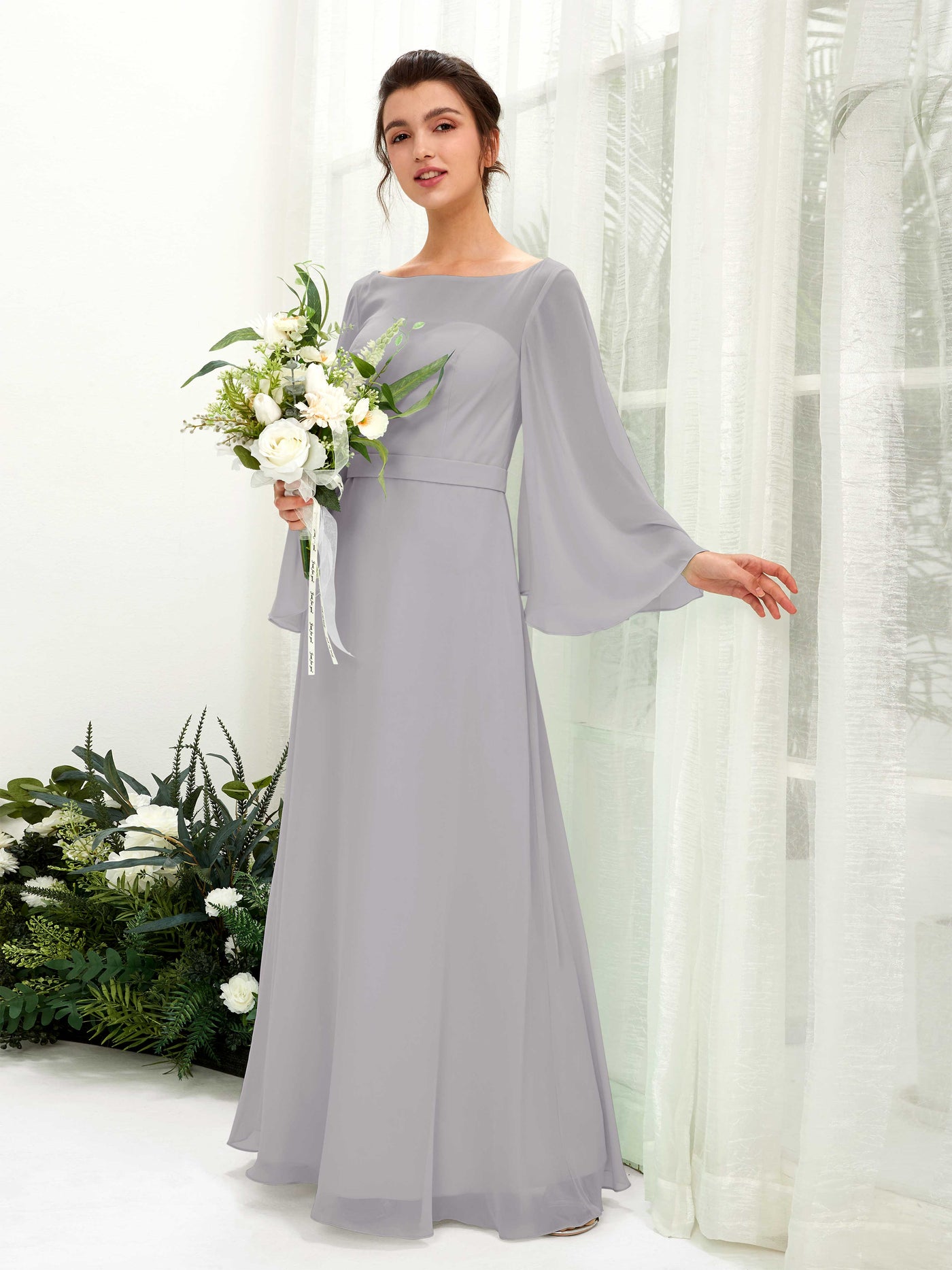 Bateau Illusion Long Sleeves Chiffon Bridesmaid Dress - Dove (81220525)#color_dove