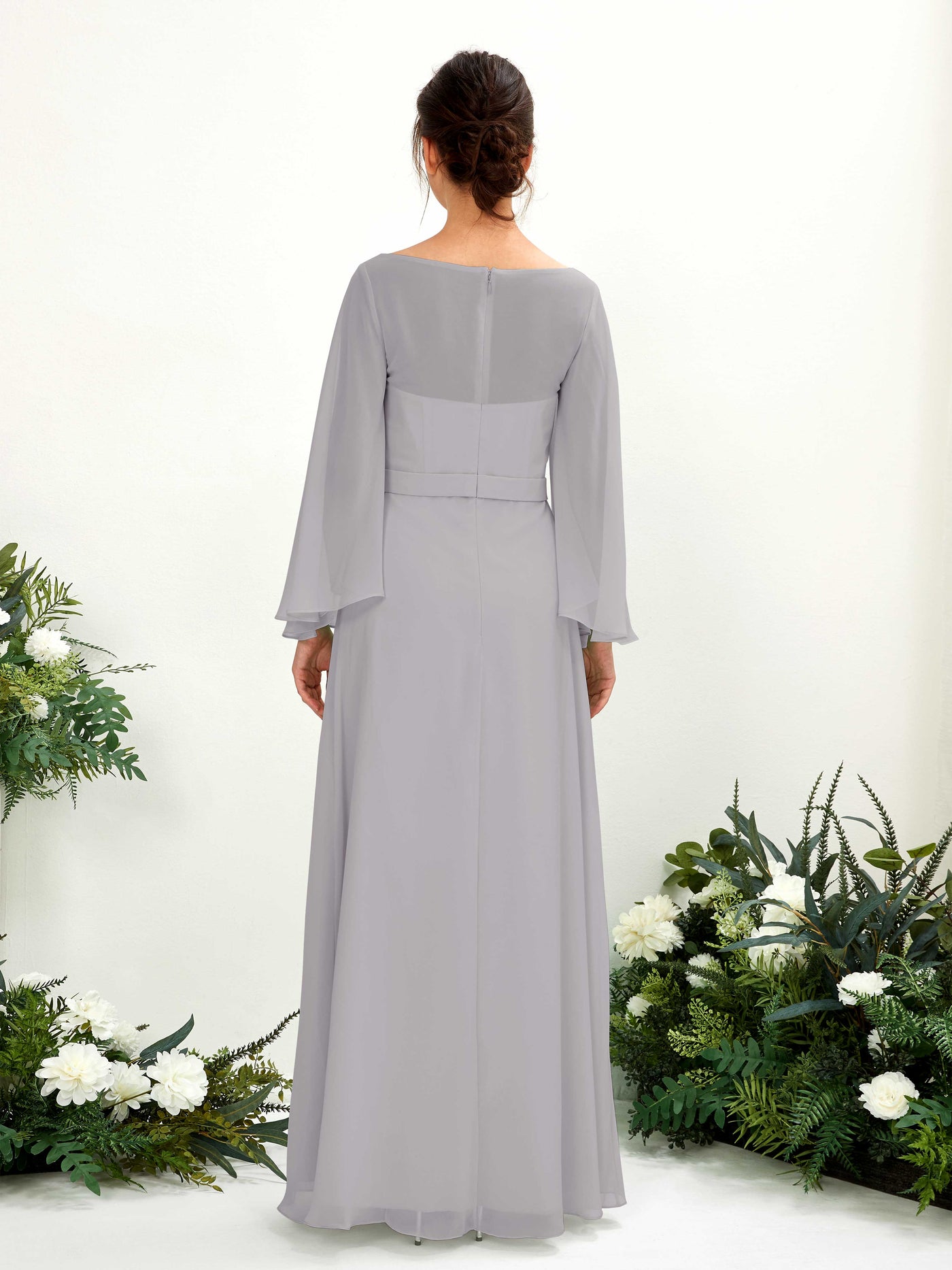 Bateau Illusion Long Sleeves Chiffon Bridesmaid Dress - Dove (81220525)#color_dove