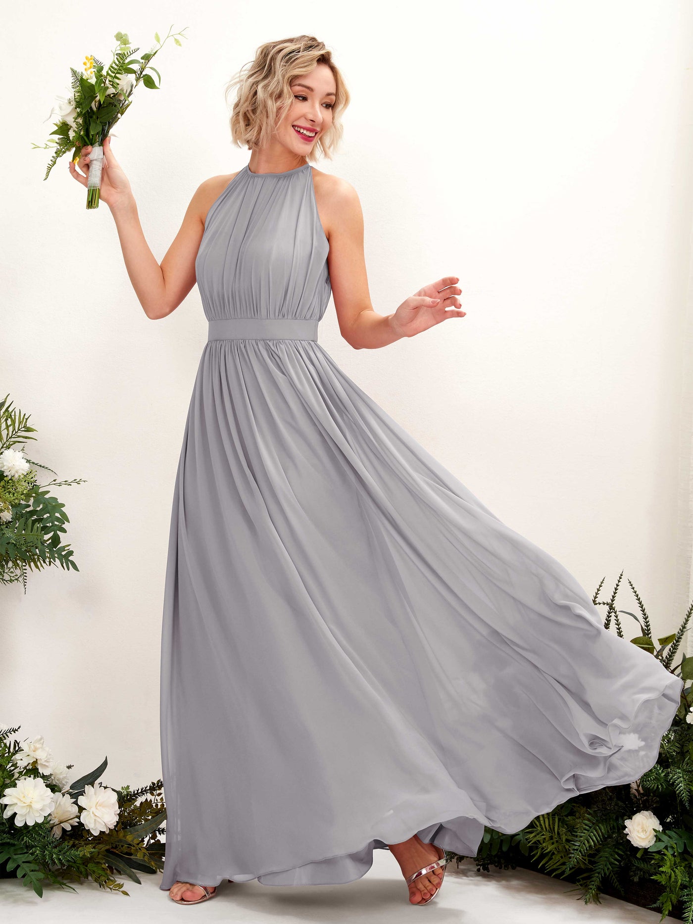 Halter Sleeveless Chiffon Bridesmaid Dress - Dove (81223125)#color_dove