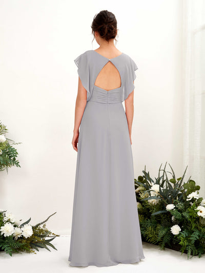 Carlyna Annie A-Line Dove Bridesmaid Dress Maxi Cap Sleeve V-Neck Dress Back View #color_dove