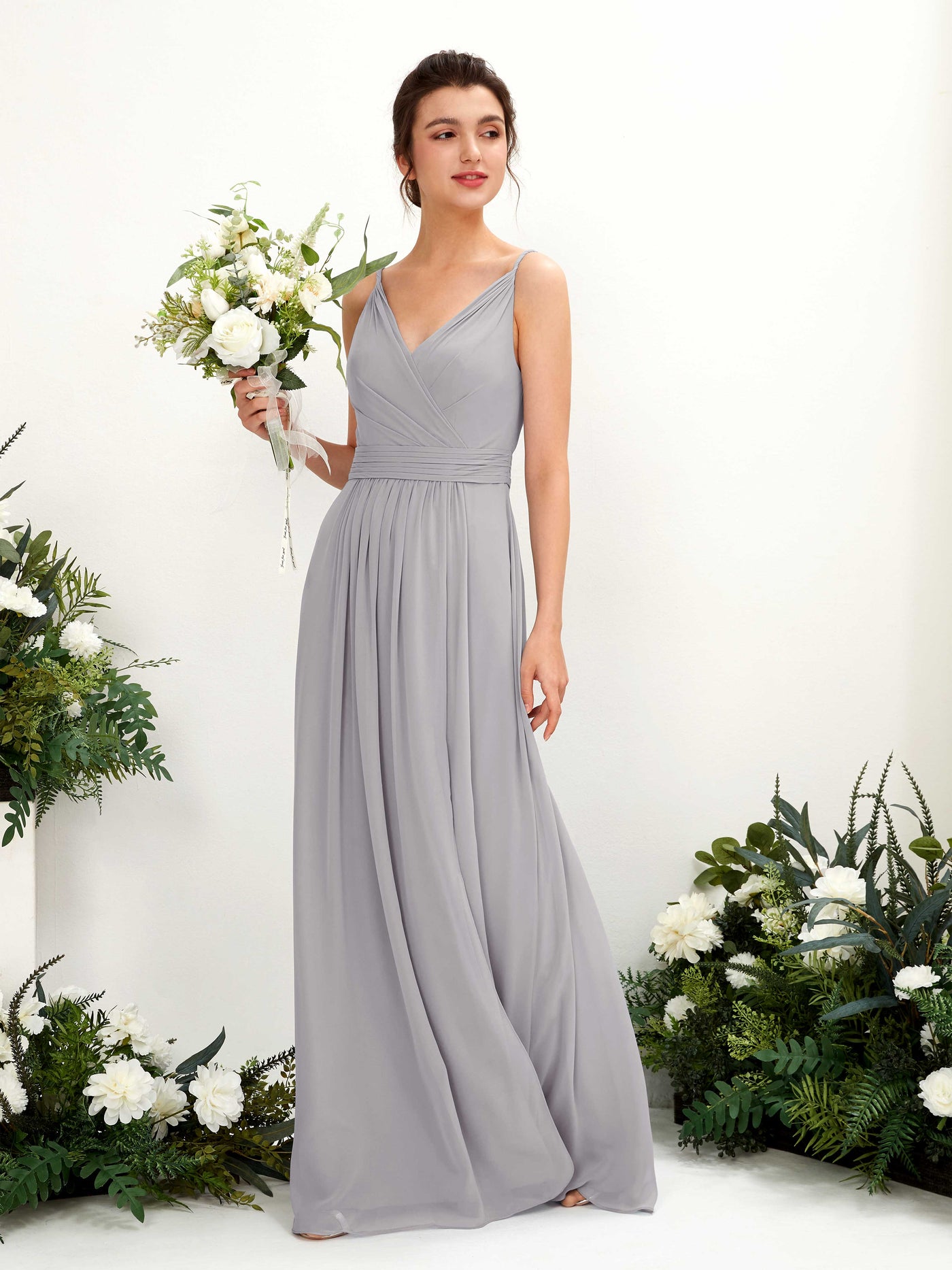 Spaghetti-straps V-neck Sleeveless Bridesmaid Dress - Dove (81223925)#color_dove