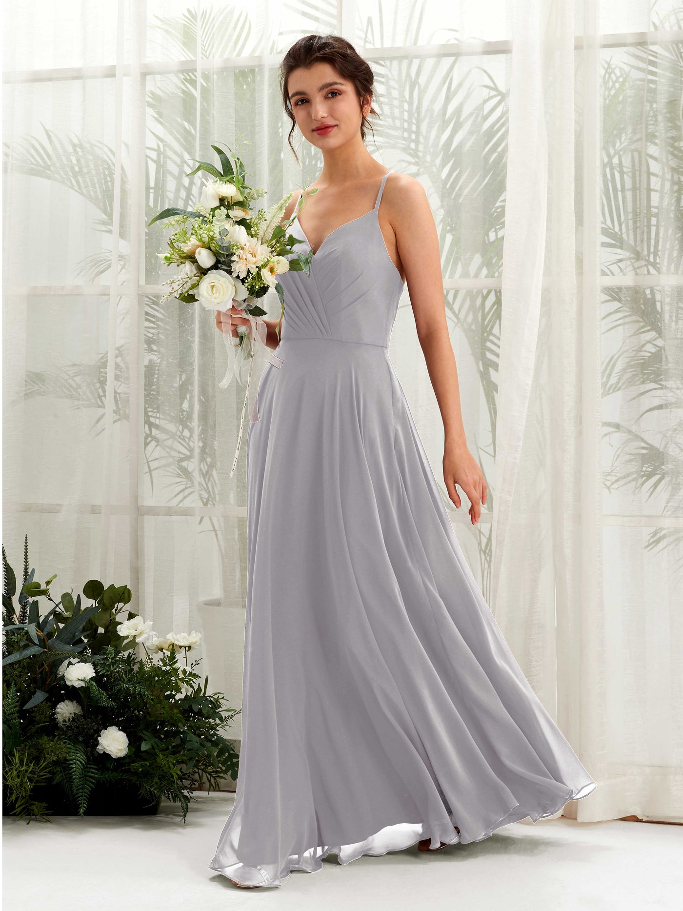 Spaghetti-straps V-neck Sleeveless Bridesmaid Dress - Dove (81224225)#color_dove