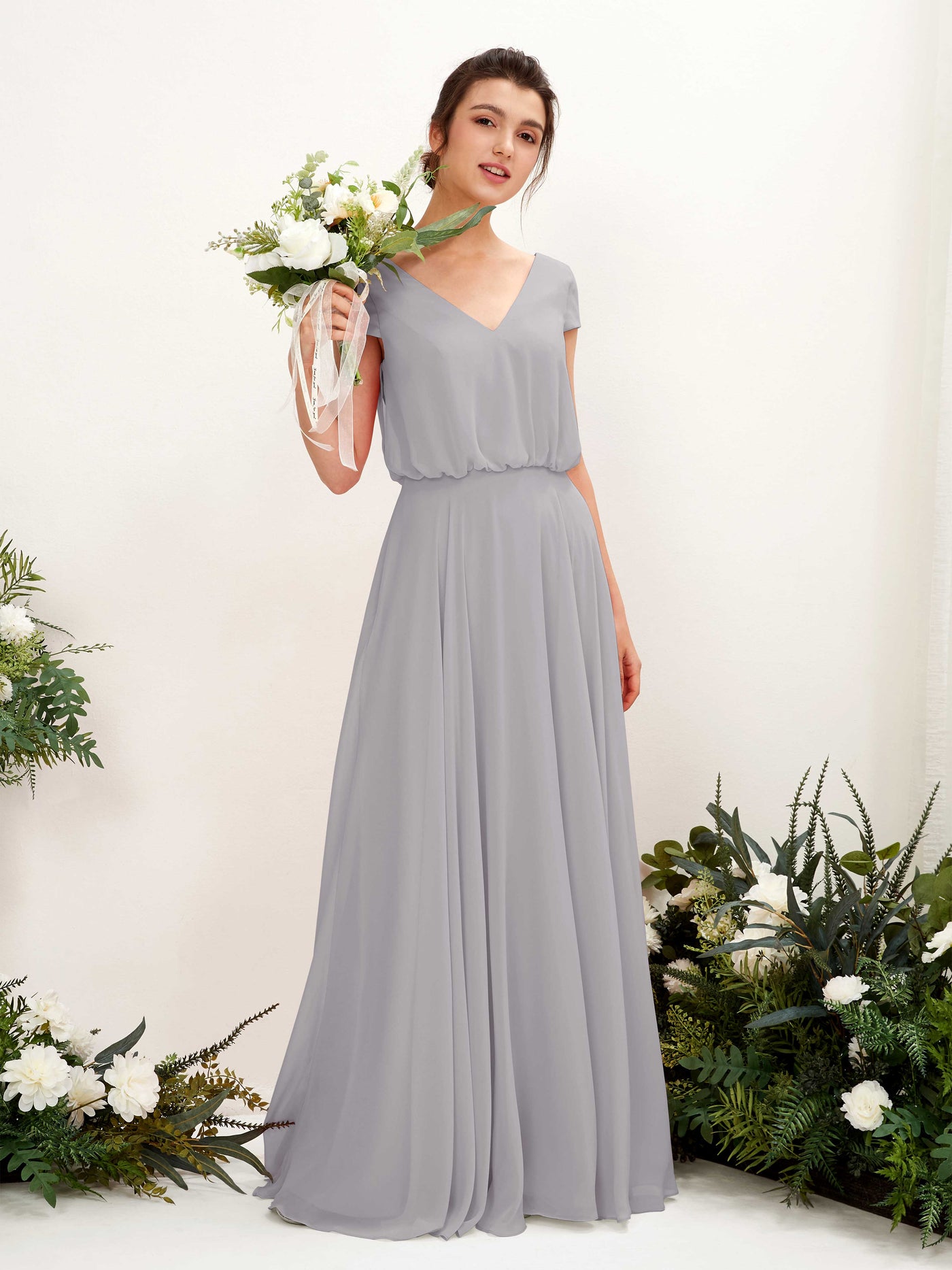 V-neck Cap Sleeves Chiffon Bridesmaid Dress - Dove (81221825)#color_dove