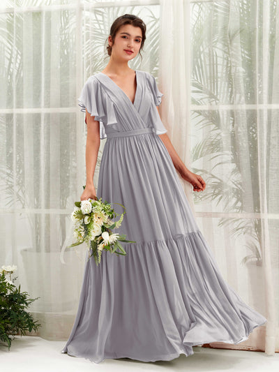 Carlyna Chaya A-Line Dove Bridesmaid Dress Maxi Cap Sleeve V-Neck Dress Front View #color_dove
