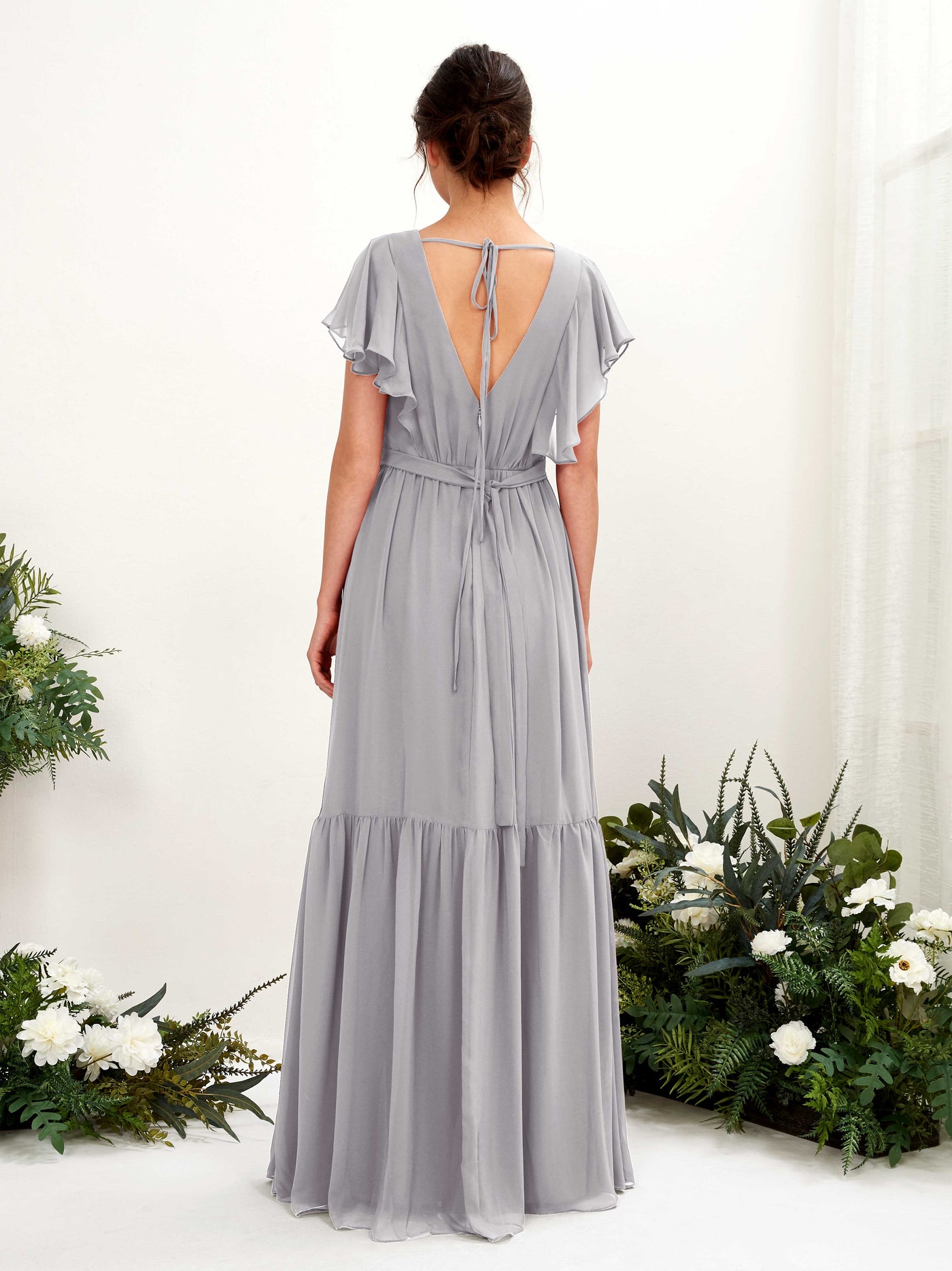 V-neck Cap Sleeves Chiffon Bridesmaid Dress - Dove (81225925)#color_dove