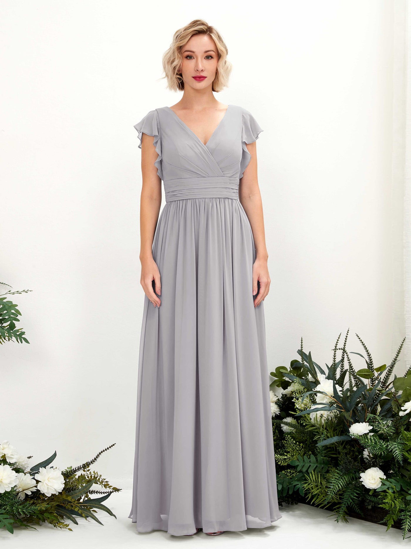 V-neck Short Sleeves Chiffon Bridesmaid Dress - Dove (81222725)#color_dove