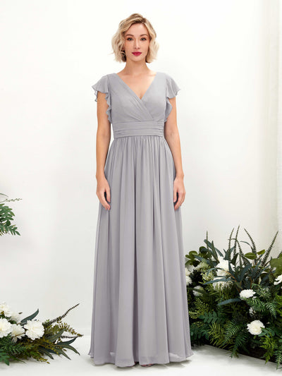 Carlyna Grino A-Line Dove Bridesmaid Dress Maxi Cap Sleeve V-Neck Dress Front View #color_dove