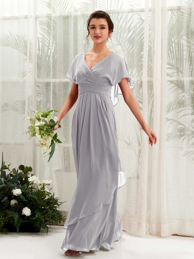 Carlyna Darlene A-Line Dove Bridesmaid Dress Maxi Short Sleeve V-Neck Dress Front View #color_dove