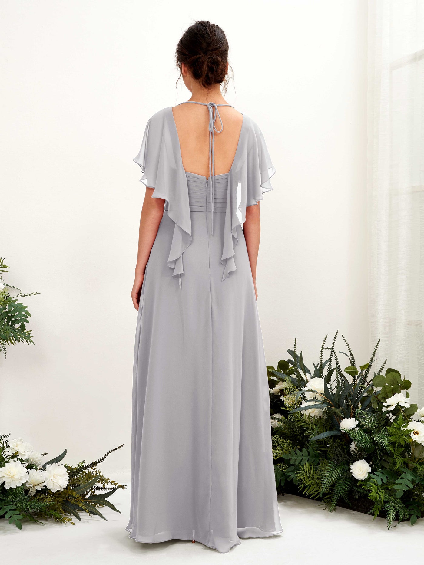 V-neck Short Sleeves Chiffon Bridesmaid Dress - Dove (81226125)#color_dove