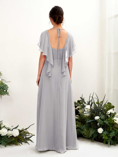 Carlyna Darlene A-Line Dove Bridesmaid Dress Maxi Short Sleeve V-Neck Dress Back View #color_dove