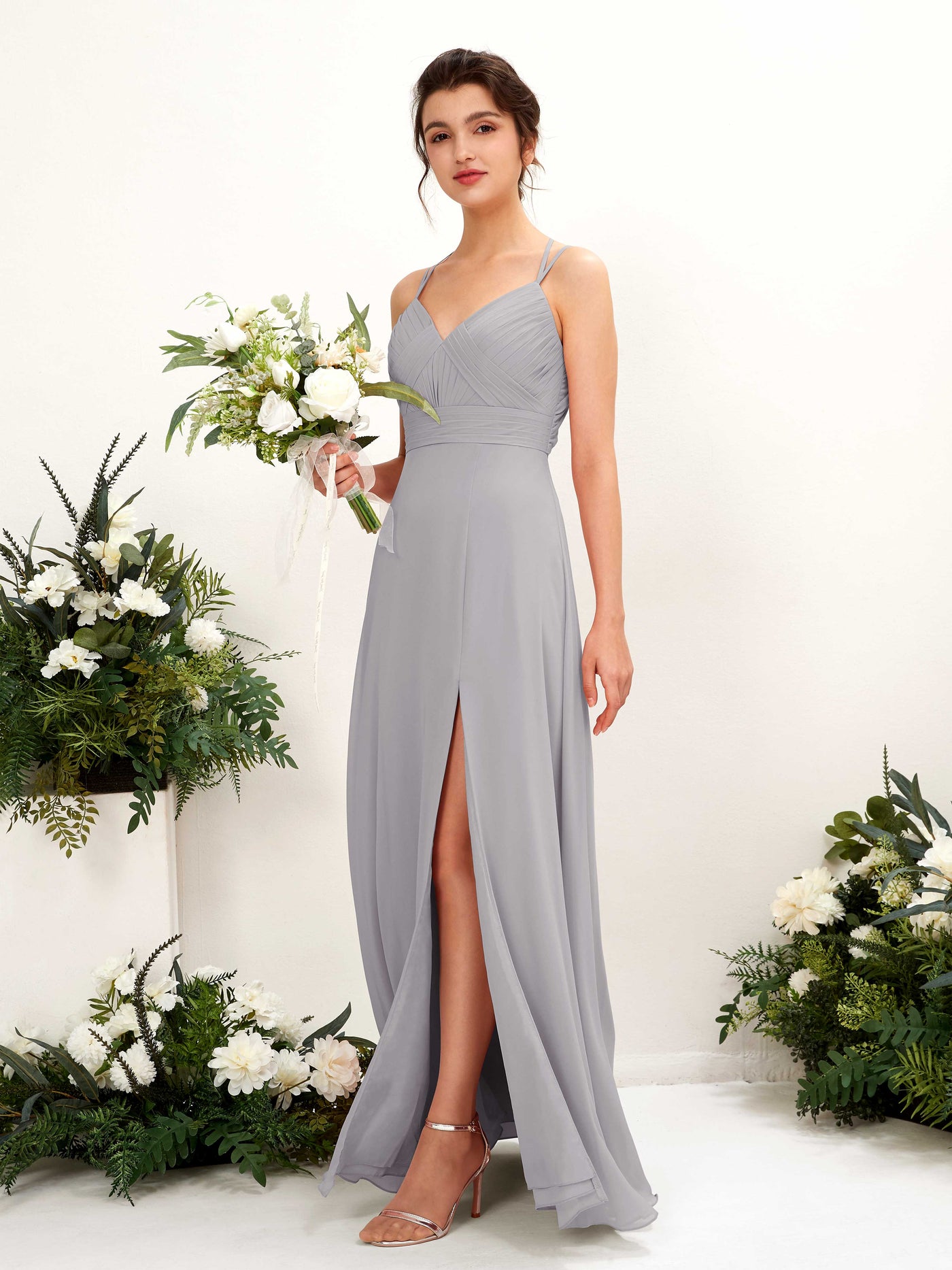Straps V-neck Sleeveless Chiffon Bridesmaid Dress - Dove (81225425)#color_dove