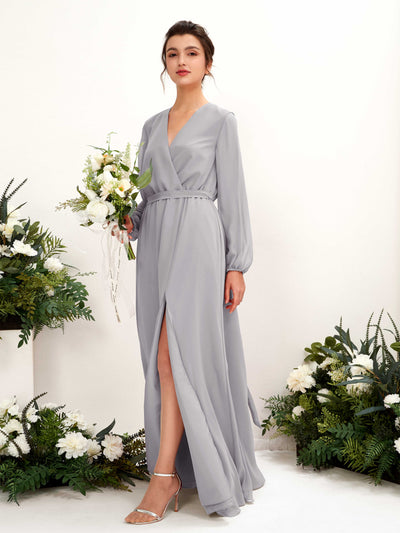 Carlyna Elsie A-Line Dove Bridesmaid Dress Maxi Long Sleeve V-Neck Front View #color_dove