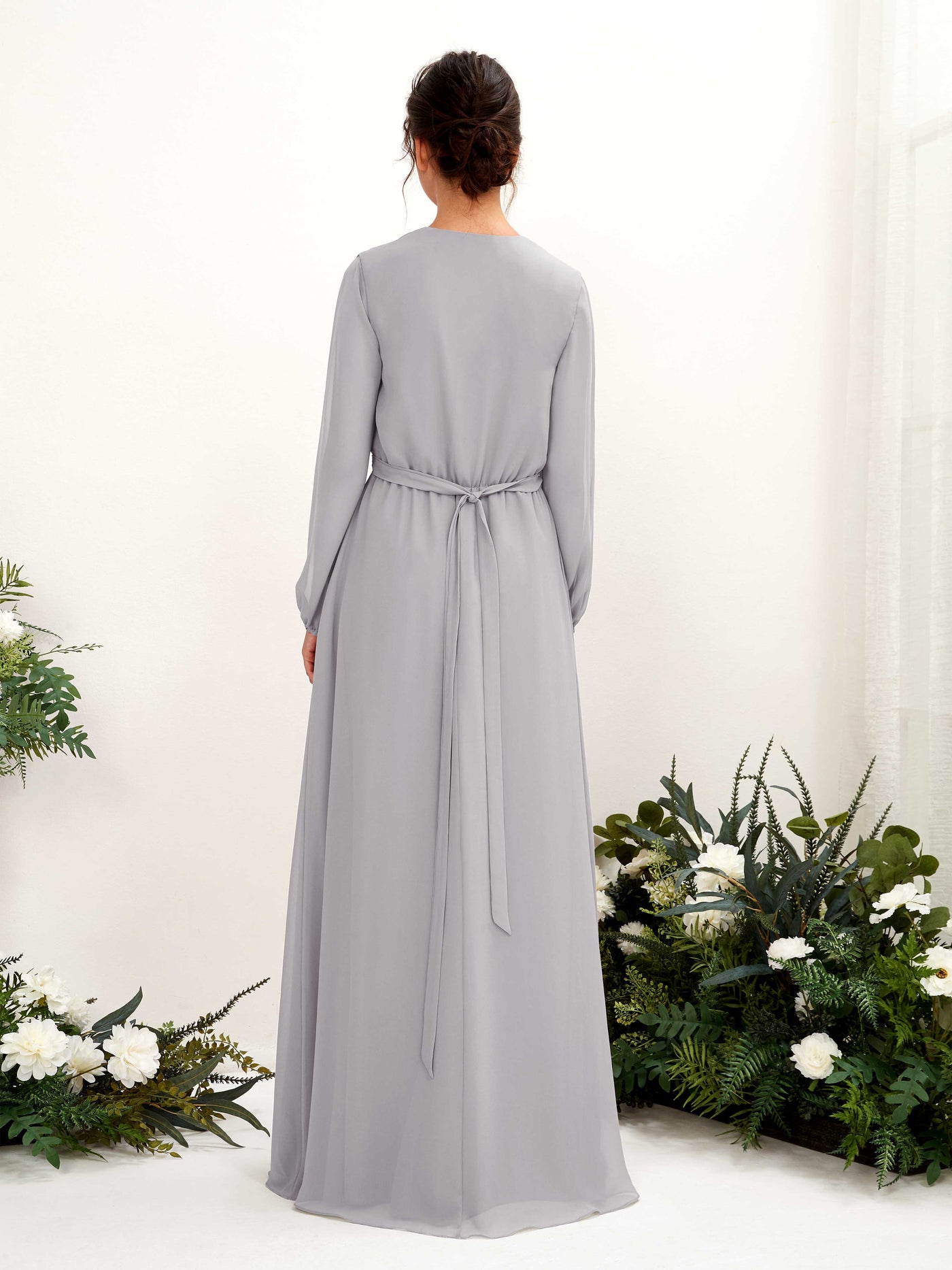 V-neck Long Sleeves Chiffon Bridesmaid Dress - Dove (81223225)#color_dove
