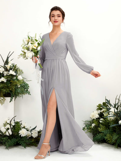 Carlyna Ginny A-Line Dove Bridesmaid Dress Maxi Long Sleeve V-Neck Front View #color_dove