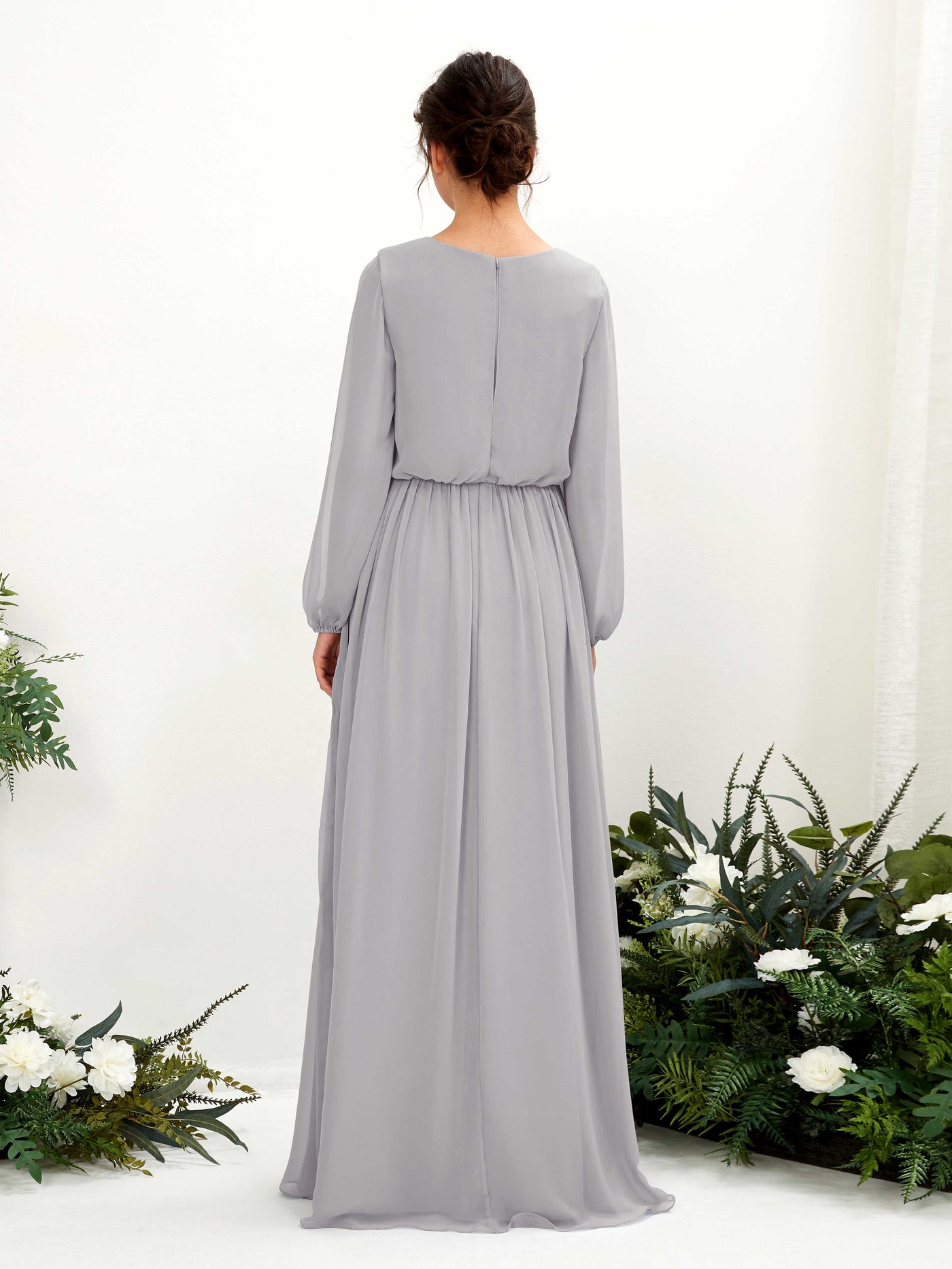 V-neck Long Sleeves Chiffon Bridesmaid Dress - Dove (81223825)#color_dove