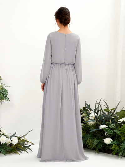 Carlyna Ginny A-Line Dove Bridesmaid Dress Maxi Long Sleeve V-Neck Back View #color_dove