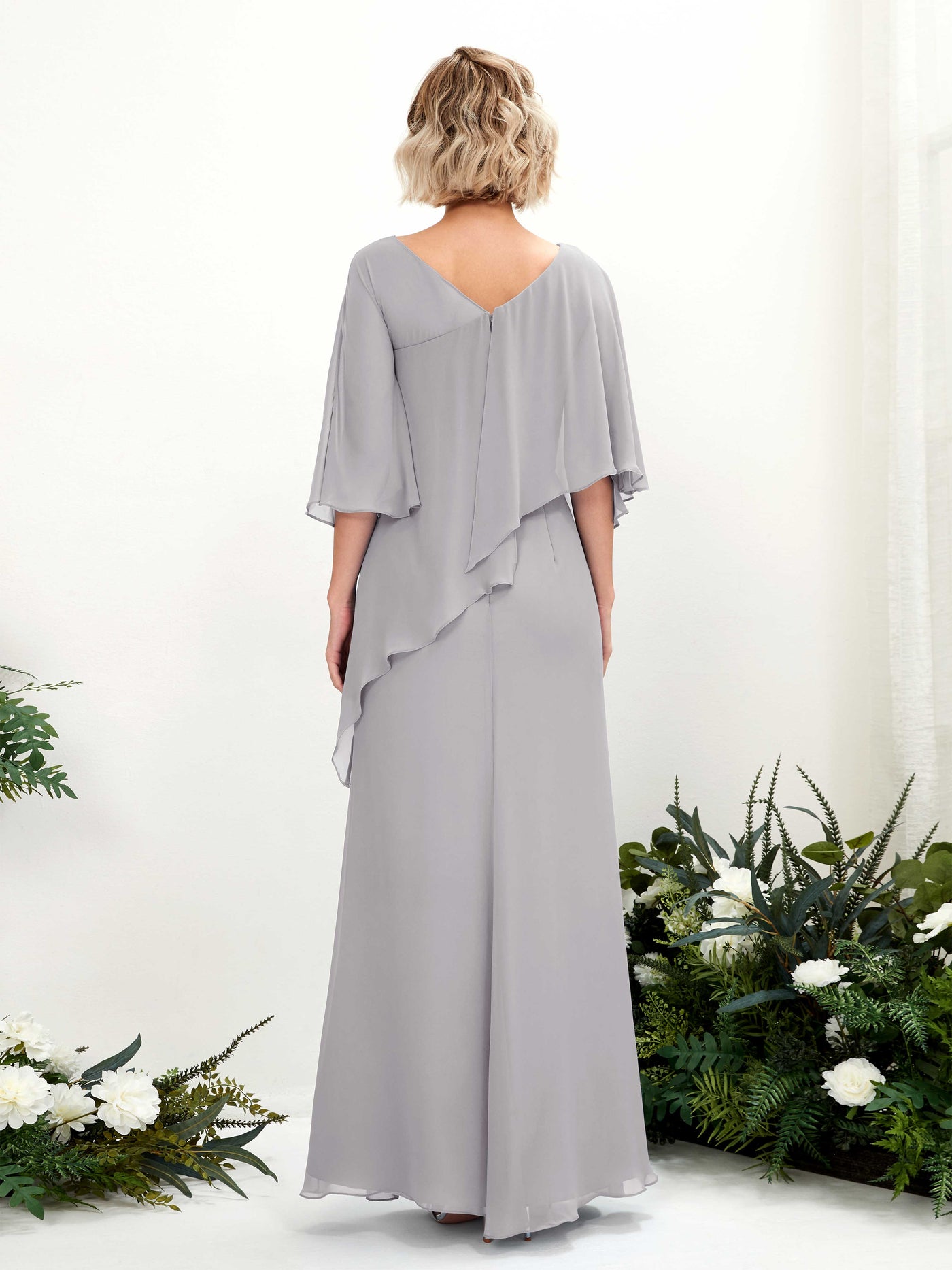 V-neck 3/4 Sleeves Chiffon Bridesmaid Dress - Dove (81222525)#color_dove