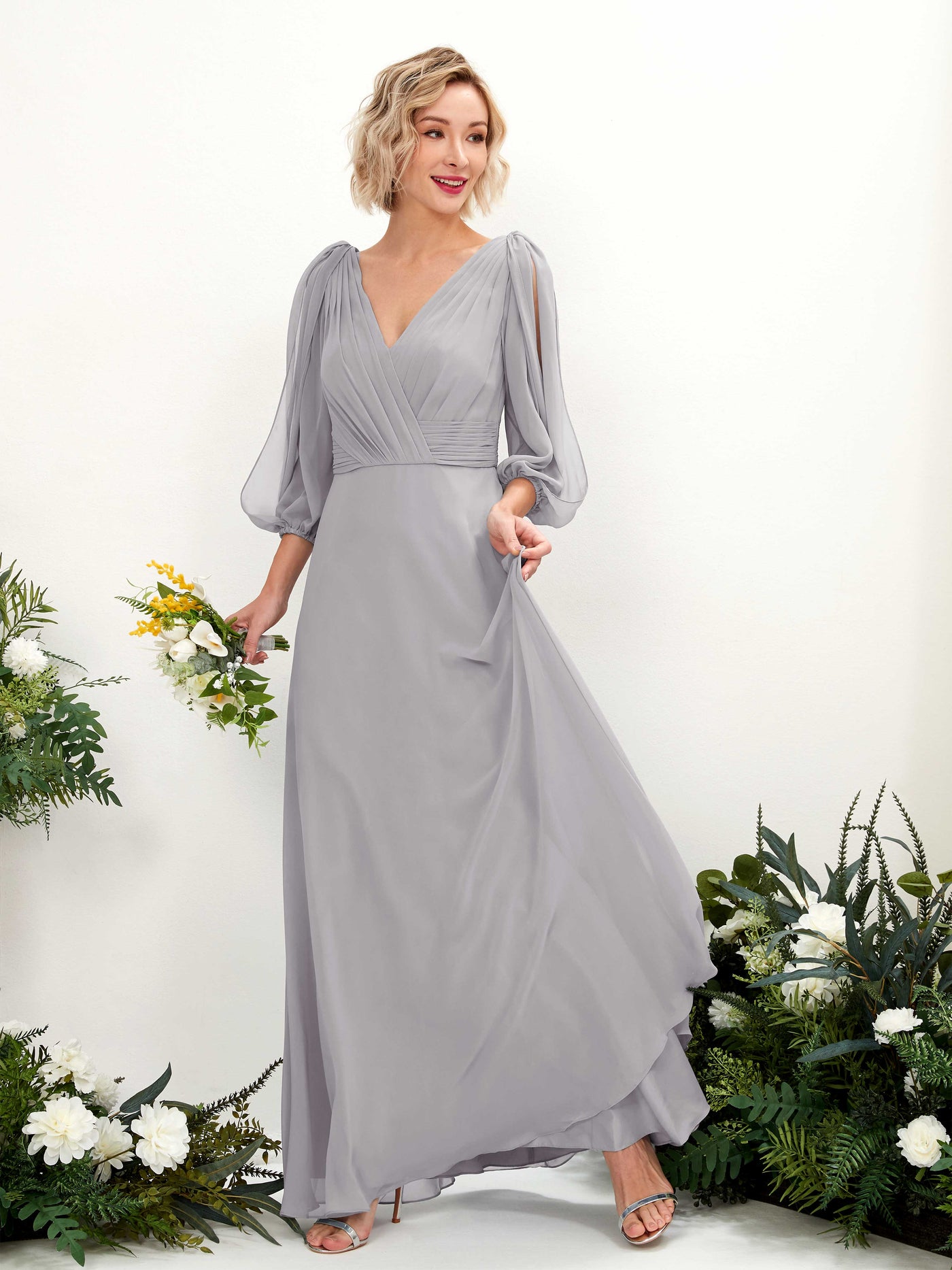 V-neck 3/4 Sleeves Chiffon Bridesmaid Dress - Dove (81223525)#color_dove