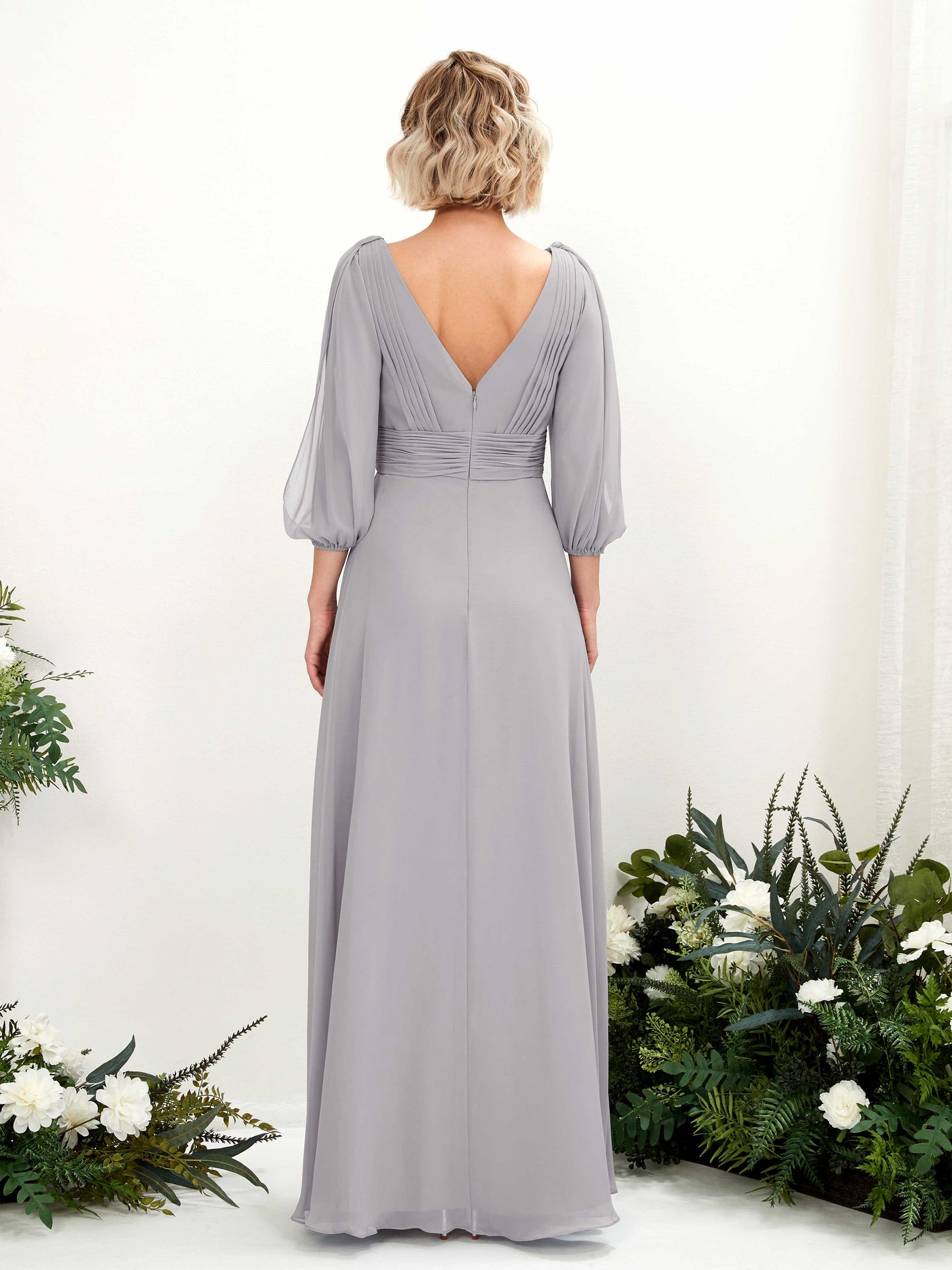 V-neck 3/4 Sleeves Chiffon Bridesmaid Dress - Dove (81223525)#color_dove