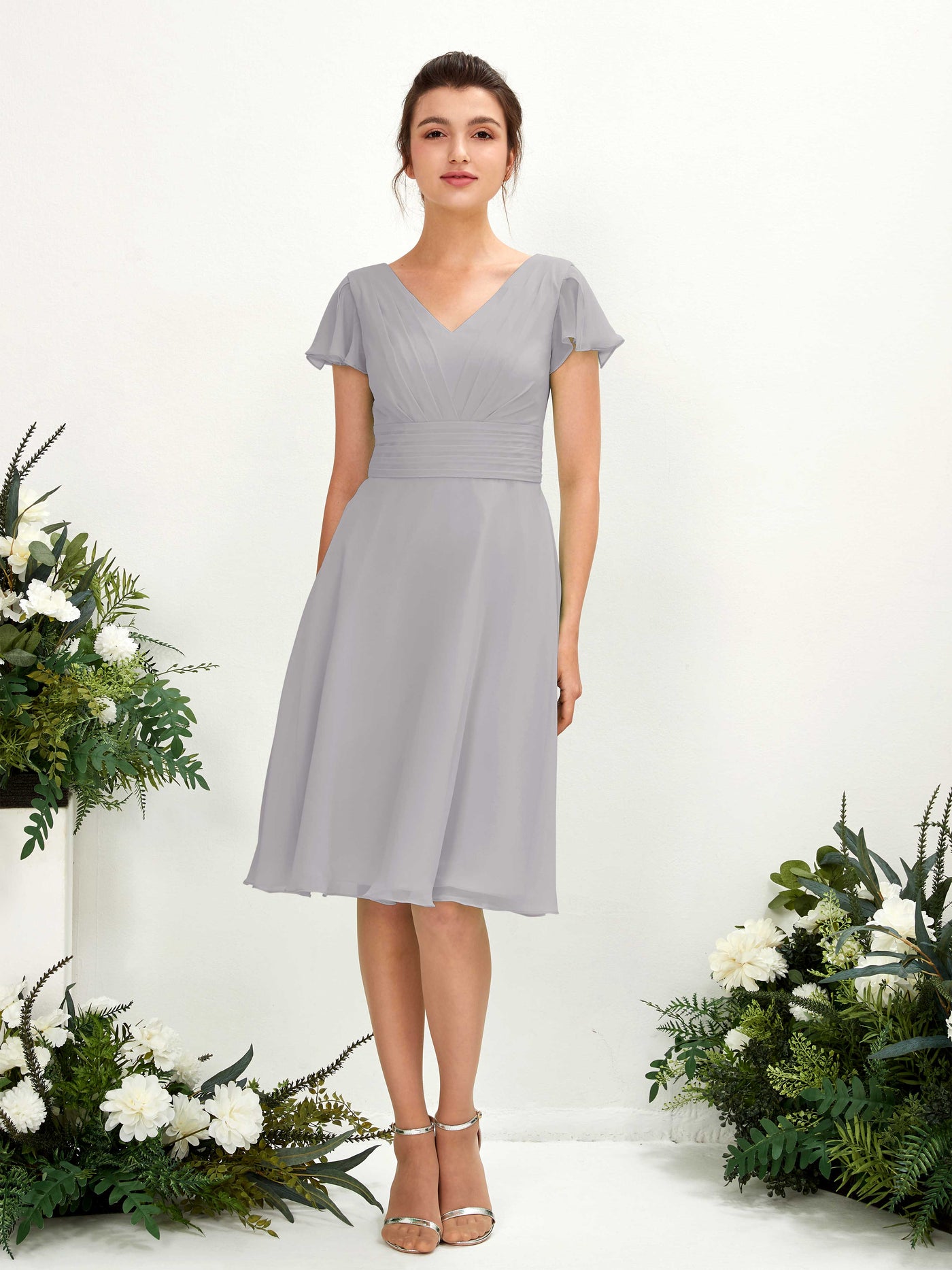 V-neck Short Sleeves Chiffon Bridesmaid Dress - Dove (81220225)#color_dove