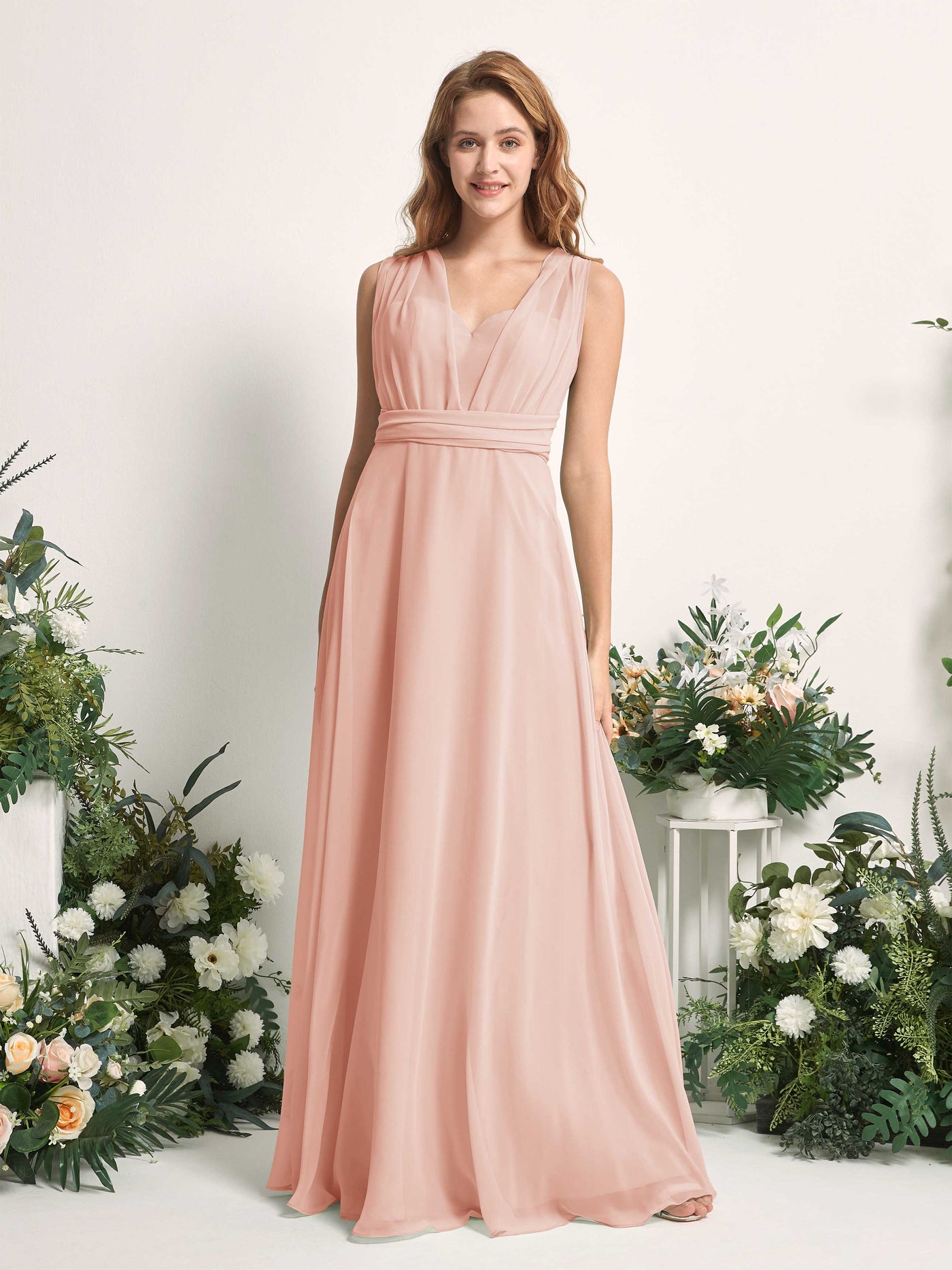 Bridesmaid Dress A-line Chiffon Halter Full Length Short Sleeves Wedding Party Dress - Pearl Pink (81226308)#color_pearl-pink