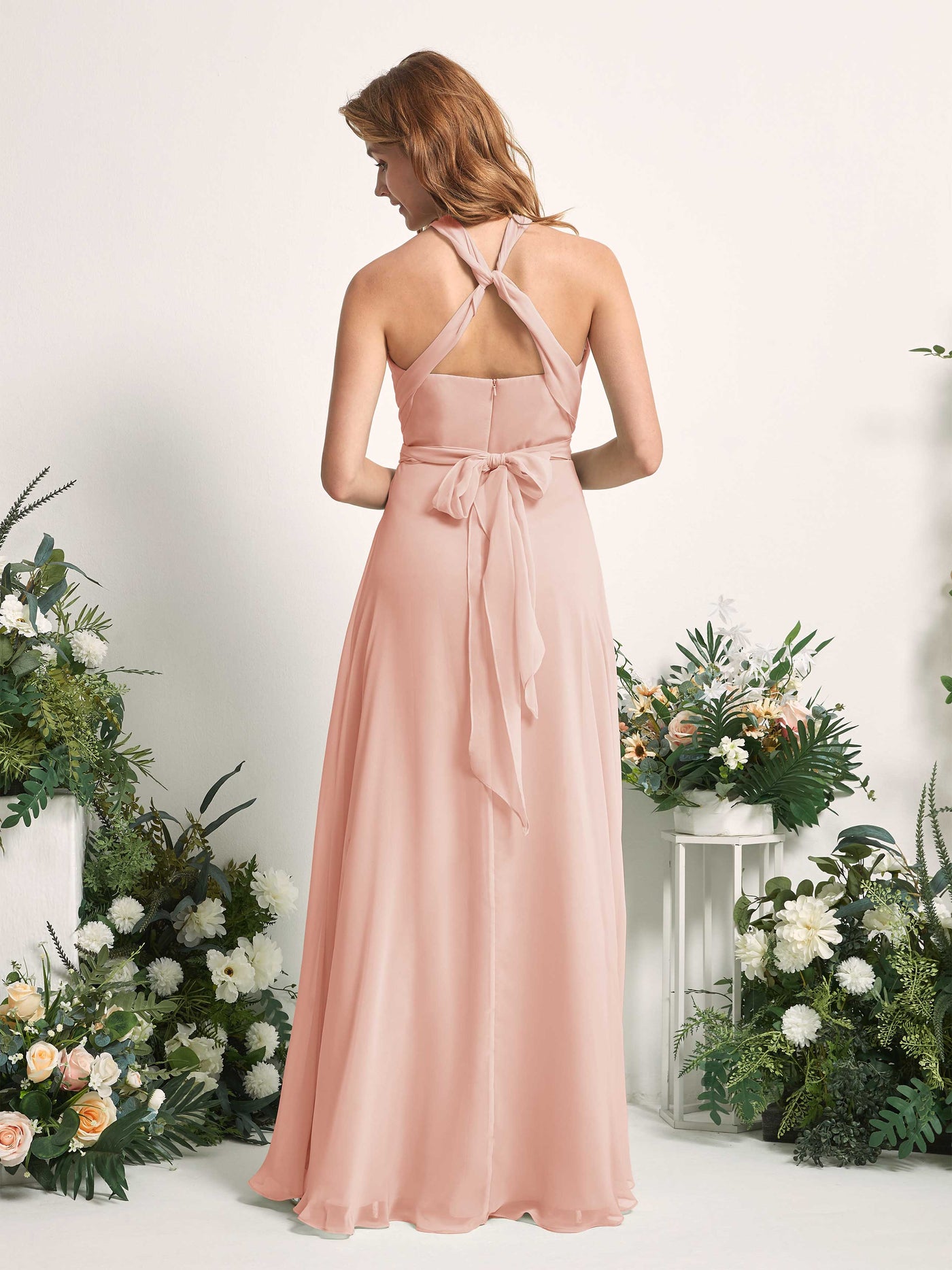 Bridesmaid Dress A-line Chiffon Halter Full Length Short Sleeves Wedding Party Dress - Pearl Pink (81226308)#color_pearl-pink
