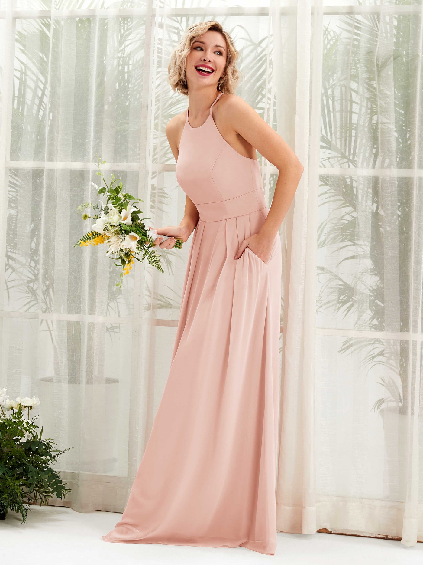 A-line Ball Gown Halter Spaghetti-straps Sleeveless Bridesmaid Dress - Pearl Pink (81225208)#color_pearl-pink