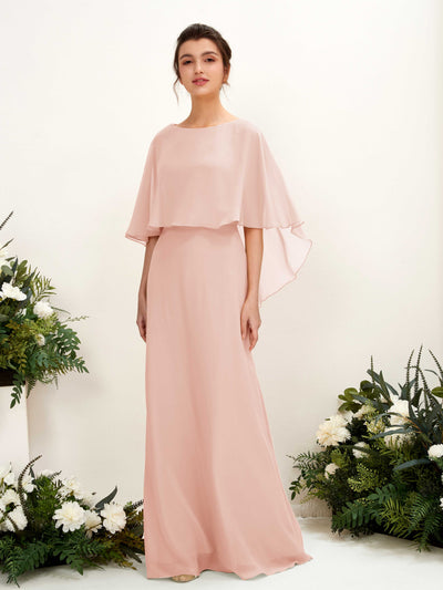 Carlyna Savin Sheath Pearl Pink Bridesmaid Dress Maxi Cap Sleeve Boat Neck Dress #color_pearl-pink