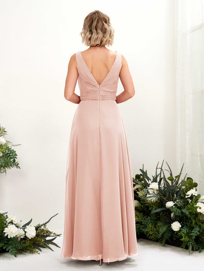 Carlyna Brianna A-Line Pearl Pink Bridesmaid Dress Maxi Sleeveless Boat Neck Dress Back View #color_pearl-pink