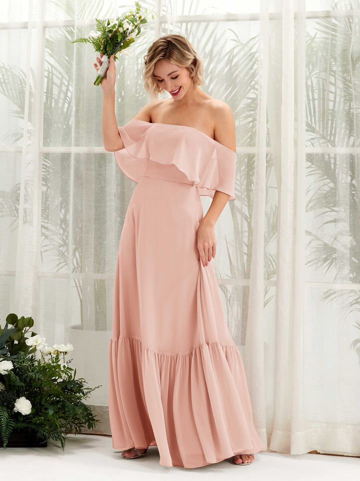 A-line Off Shoulder Chiffon Bridesmaid Dress - Pearl Pink (81224508)