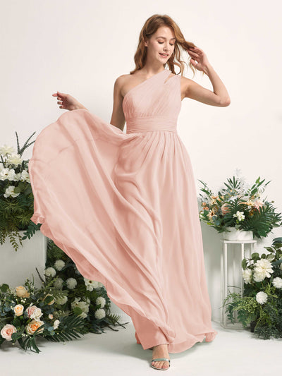Carlyna Evelyn A-Line Pearl Pink Bridesmaid Dress Maxi Sleeveless One Shoulder Dress Side View 2 #color_pearl-pink