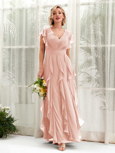 Carlyna Cynthia A-Line Pearl Pink Bridesmaid Dress Maxi Cap Sleeve V-Neck Dress Front View #color_pearl-pink