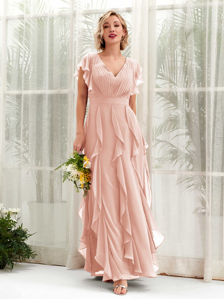A-line V-neck Short Sleeves Chiffon Bridesmaid Dress - Pearl Pink (81226008)