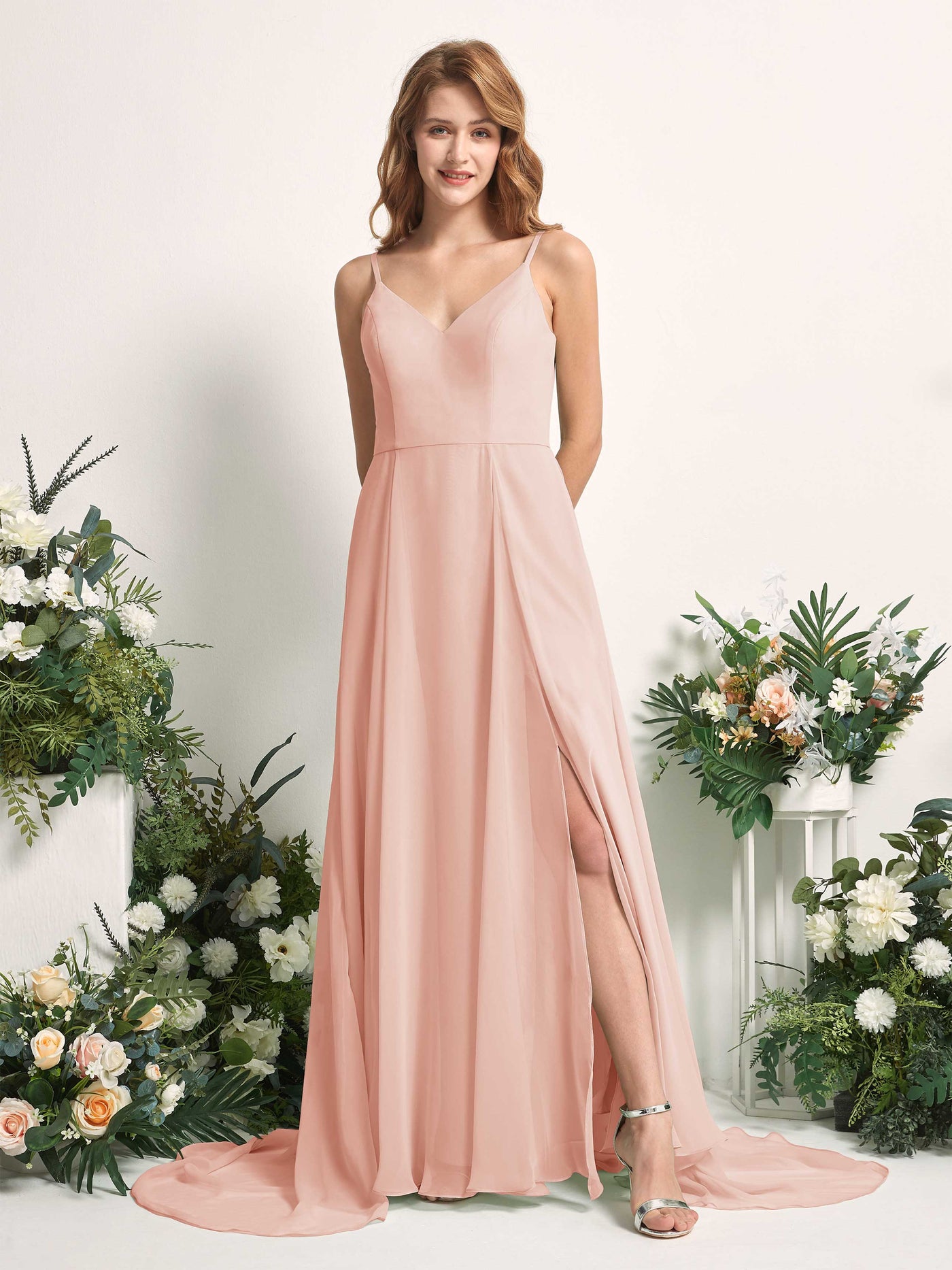 Bridesmaid Dress A-line Chiffon Spaghetti-straps Full Length Sleeveless Wedding Party Dress - Pearl Pink (81227708)#color_pearl-pink