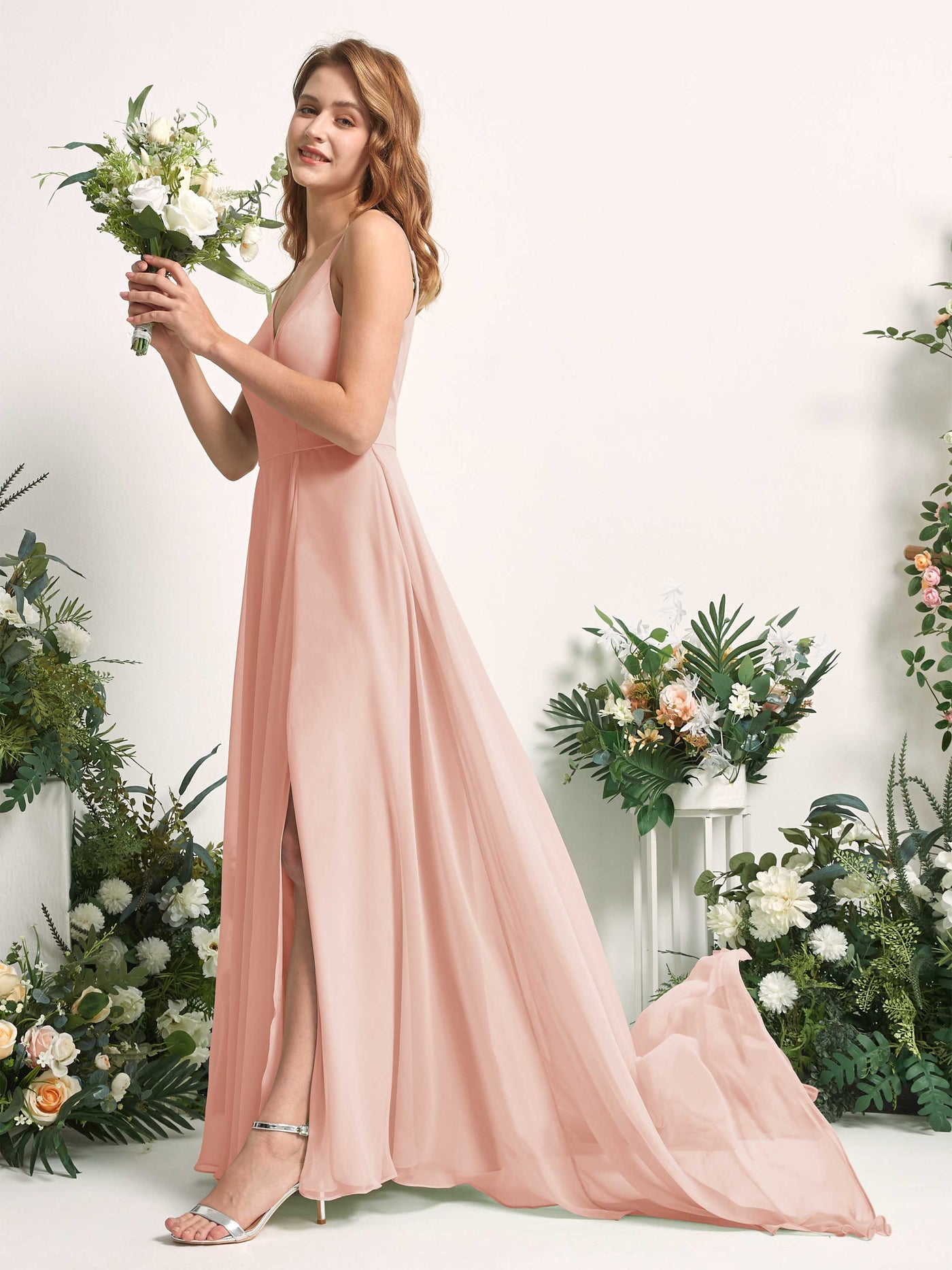 Bridesmaid Dress A-line Chiffon Spaghetti-straps Full Length Sleeveless Wedding Party Dress - Pearl Pink (81227708)#color_pearl-pink