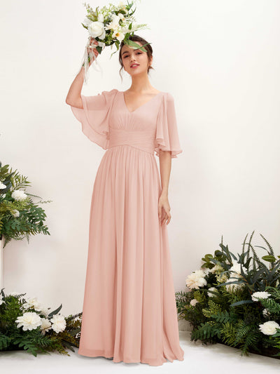 Carlyna Odette A-Line Pearl Pink Bridesmaid Dress Maxi Short Sleeve V-Neck Dress #color_pearl-pink