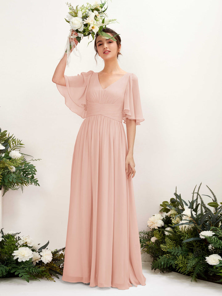 A-line V-neck 1/2 Sleeves Chiffon Bridesmaid Dress - Pearl Pink (81221608)