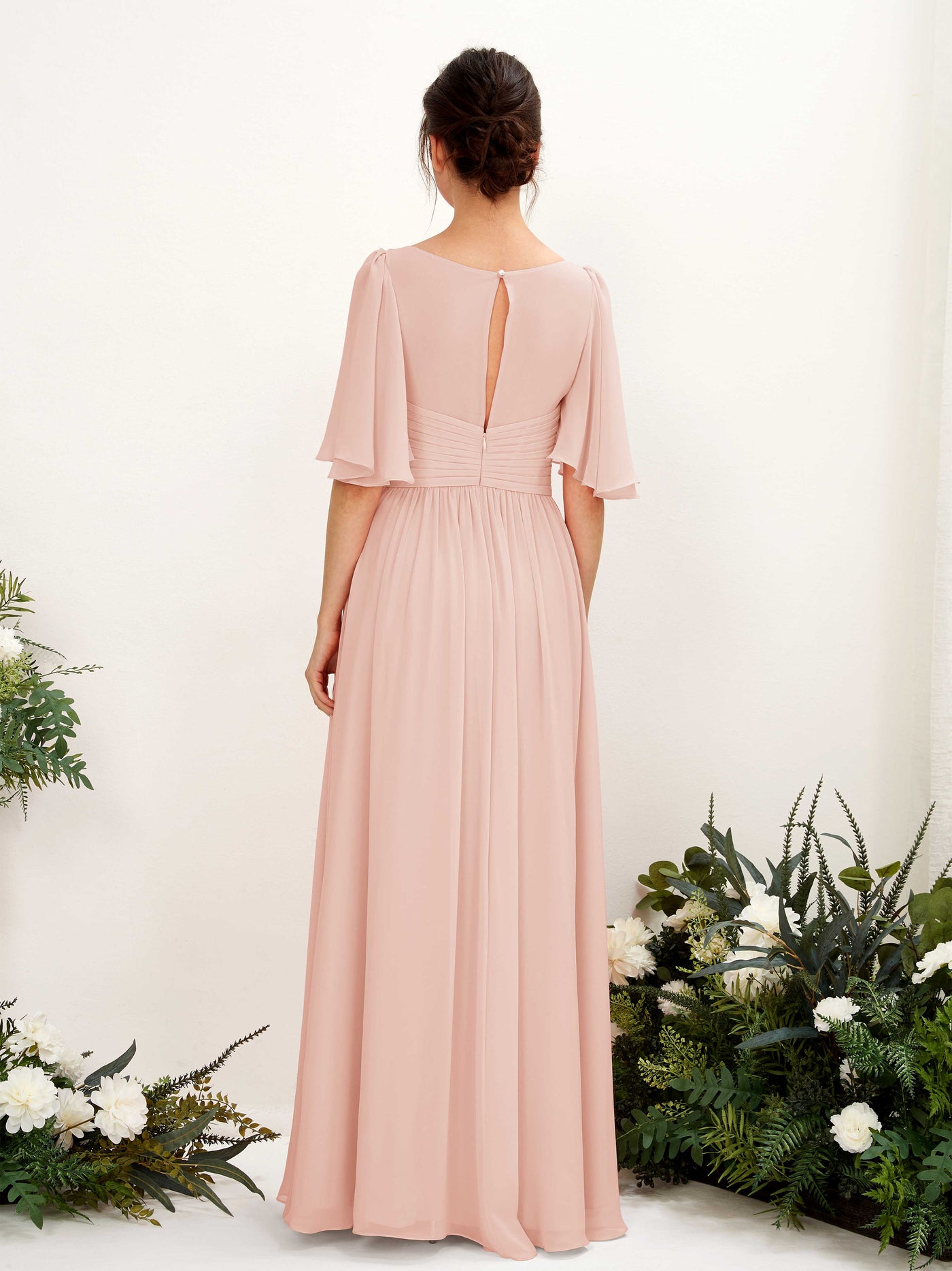 A-line V-neck 1/2 Sleeves Chiffon Bridesmaid Dress - Pearl Pink (81221608)#color_pearl-pink