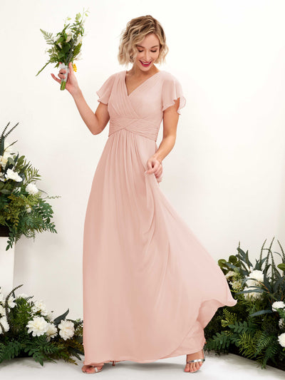 Carlyna Tolly A-Line Pearl Pink Bridesmaid Dress Maxi Cap Sleeve V-Neck Dress #color_pearl-pink