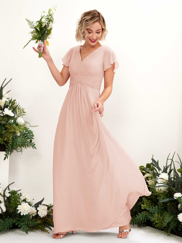 A-line V-neck Cap Sleeves Chiffon Bridesmaid Dress - Pearl Pink (81224308)
