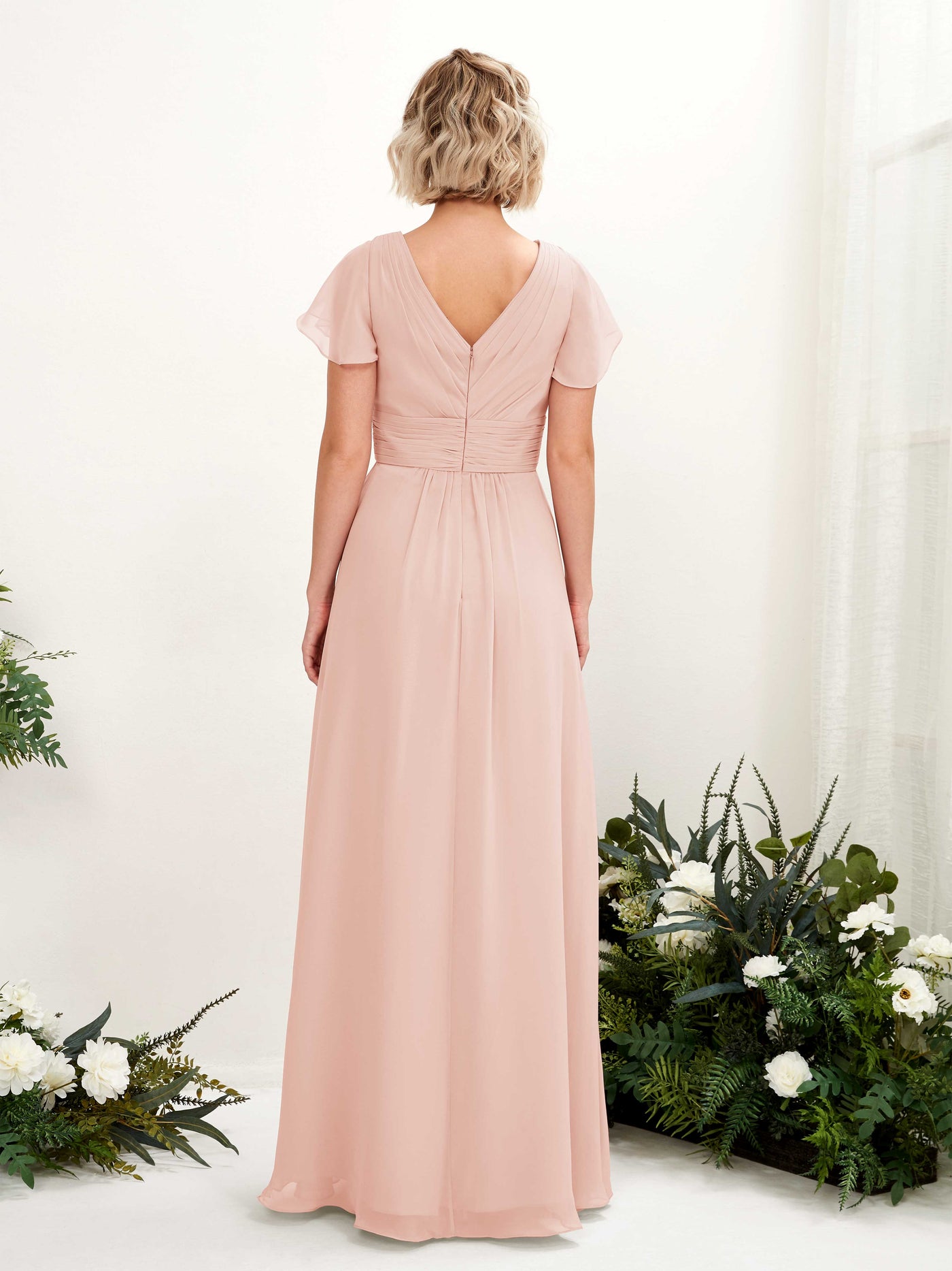 A-line V-neck Cap Sleeves Chiffon Bridesmaid Dress - Pearl Pink (81224308)#color_pearl-pink