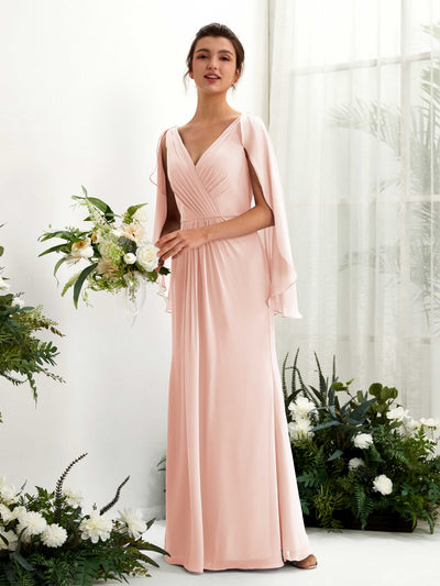 Carlyna Alain A-Line Pearl Pink Bridesmaid Dress Maxi Cap Sleeve V-Neck Dress Front View #color_pearl-pink