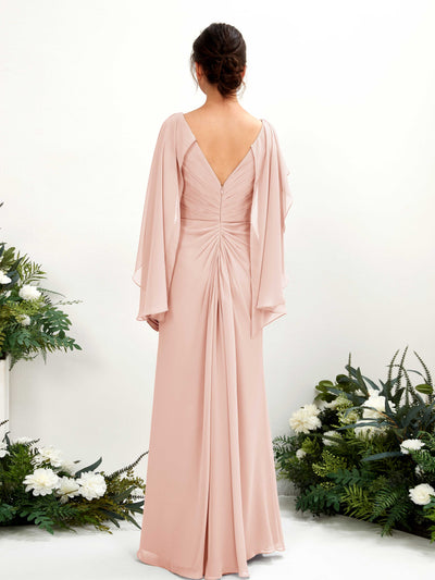 Carlyna Alain A-Line Pearl Pink Bridesmaid Dress Maxi Cap Sleeve V-Neck Dress Back View #color_pearl-pink
