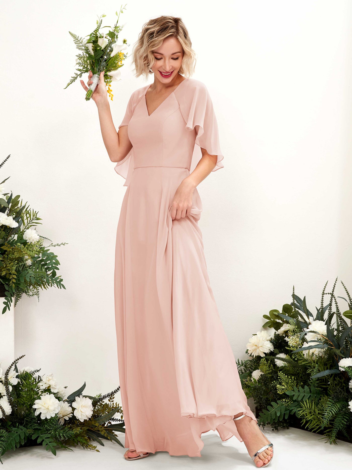 A-line V-neck Short Sleeves Chiffon Bridesmaid Dress - Pearl Pink (81224408)#color_pearl-pink