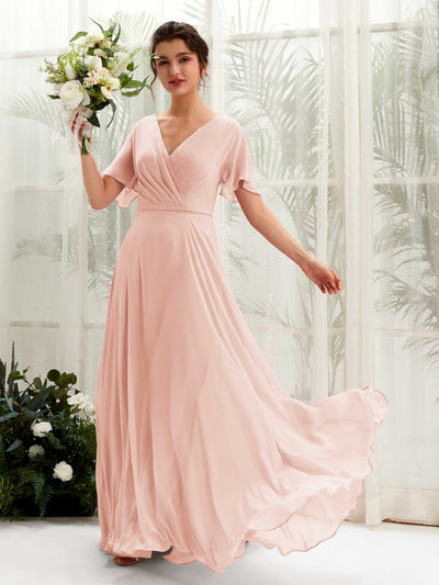 Carlyna Daphne A-Line Pearl Pink Bridesmaid Dress Maxi Short Sleeve V-Neck Dress Front View #color_pearl-pink